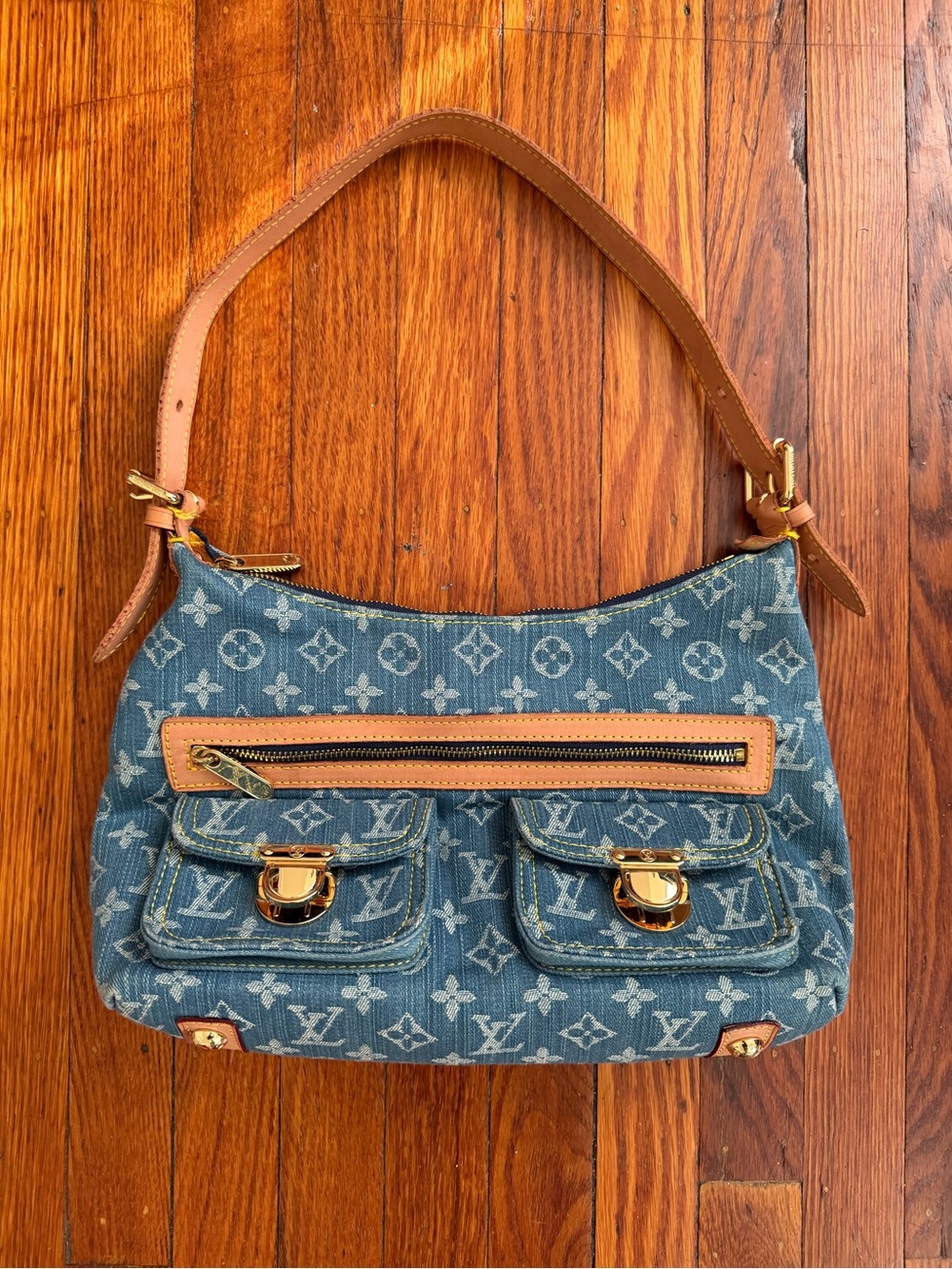 Louis Vuitton Blue Monogram Denim Shoulder Bag with Tan Trim